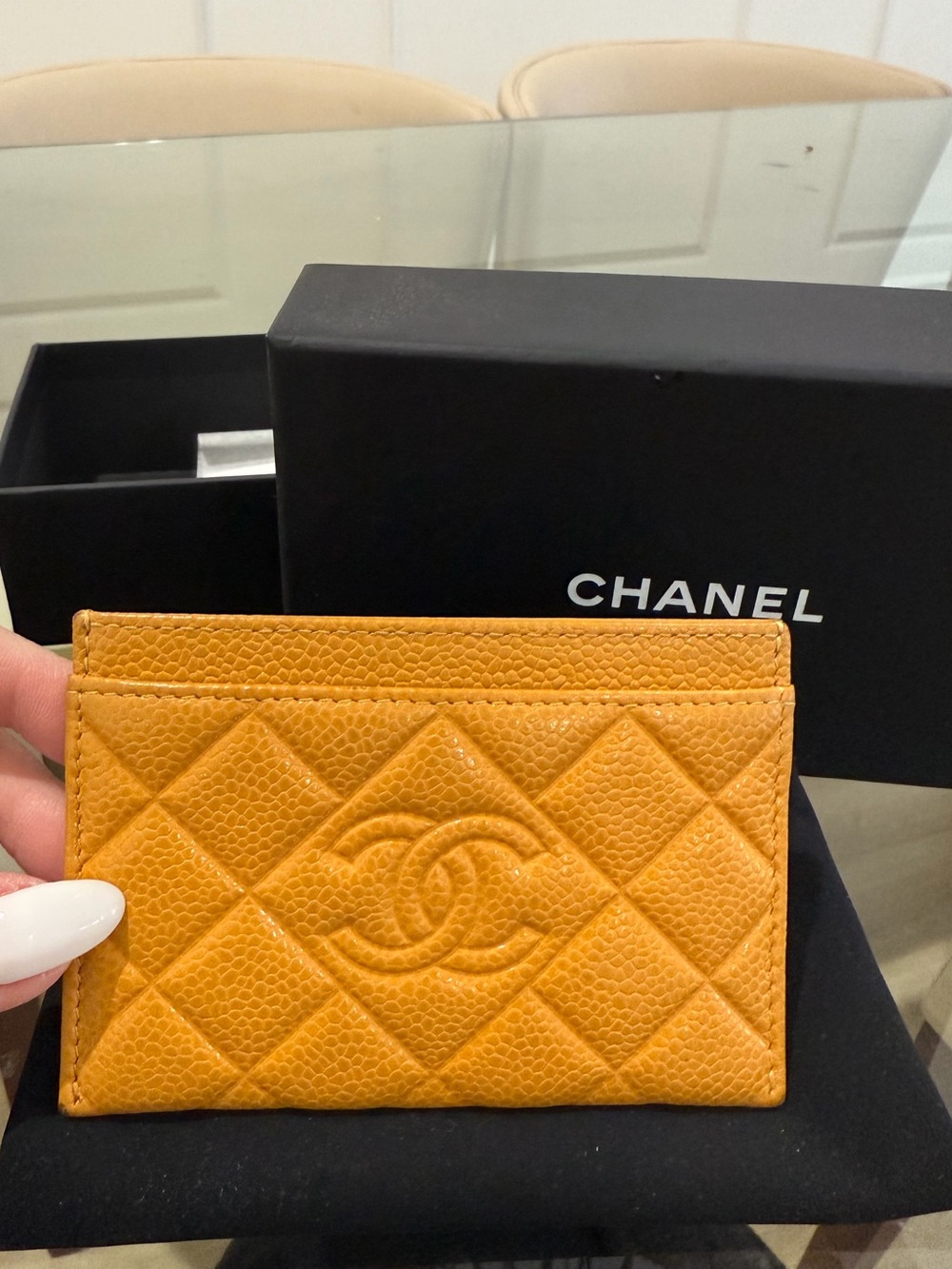 CHANEL Quilted Caviar Leather Card Holder in Mustard